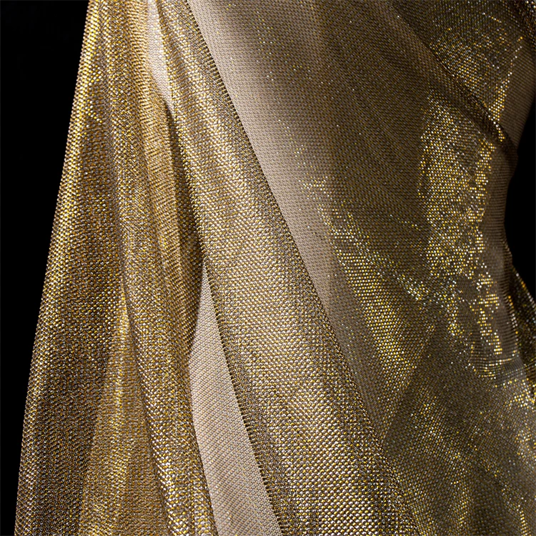 Wholesale 100% Polyester Tricot Knit Jersey Fabric Glitter Fishnet Stretch Air Mesh Gold Lurex Tulle Metallic Thread Fabric