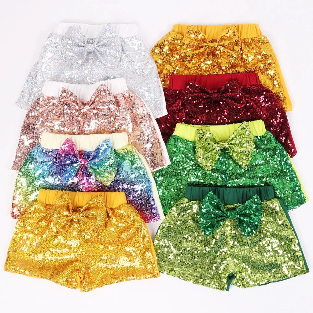 Rainbow Baby Girls Sequin Shorts Summer Toddlers Birthday Short Pants Glitter On Both Side With a Rabbit Headband Casual Outfits
