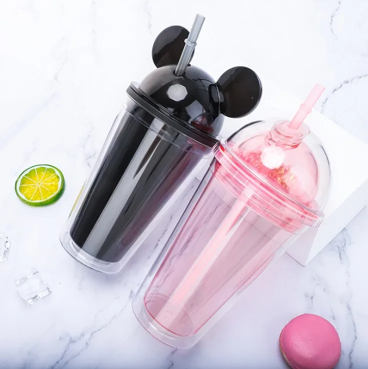 Wholesale cute mouse ear tumbler Plastic water bottle Christmas mickey mouse cup with Dome Lid