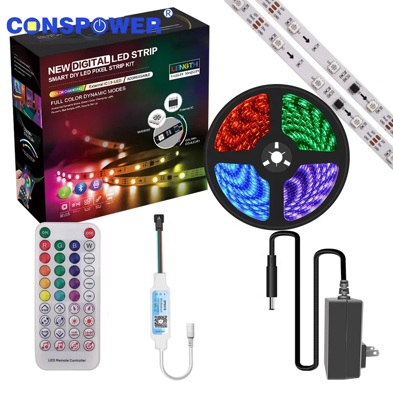 Conspower Addressable Magic Strip LED Set 30LEDS/M IC SM16703 2811 5050RGB Strip IP20 BT Music Controller 12V Power Adapter