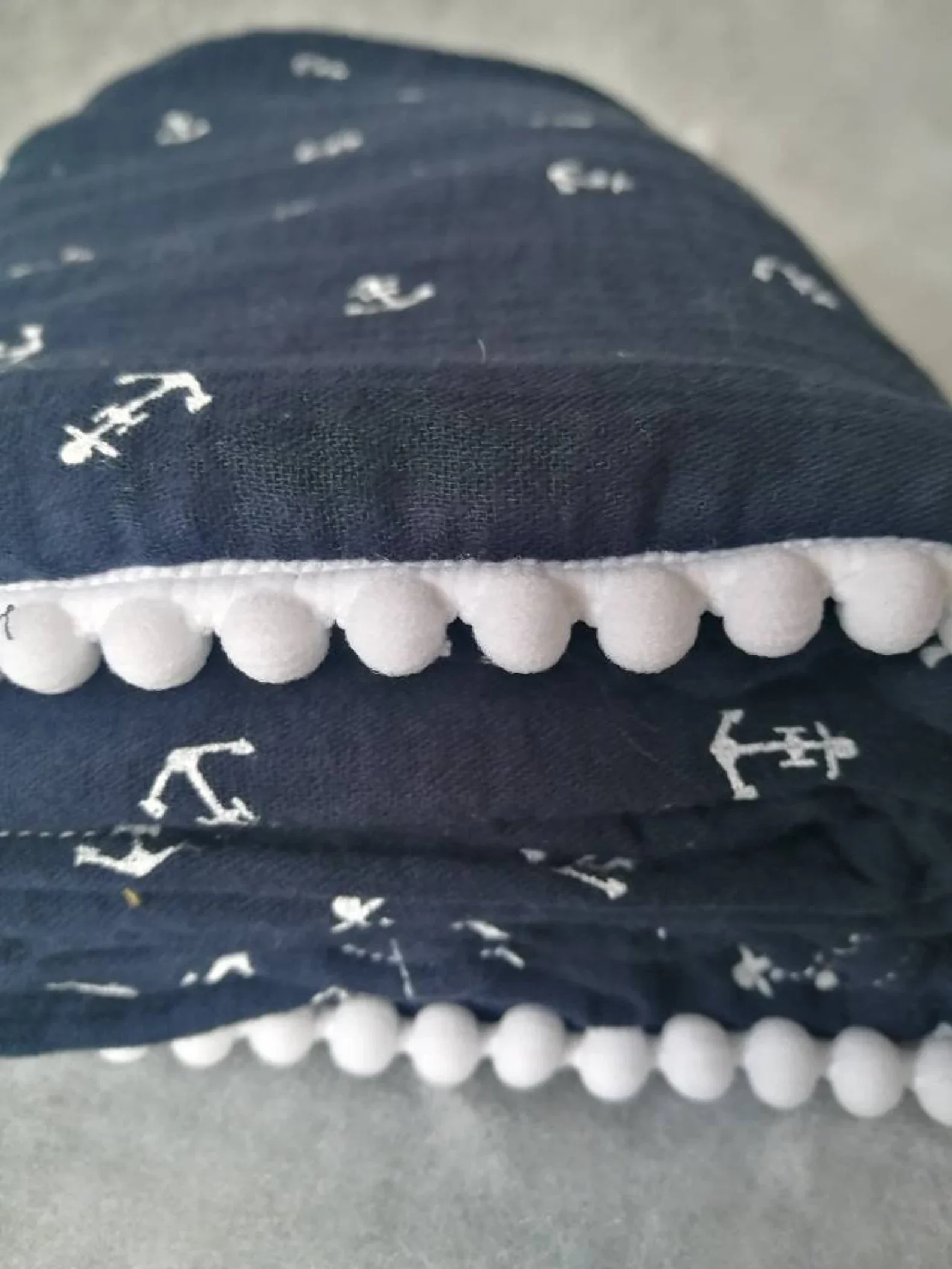 Custom Soft Print Anchor 100*100cm Double Gaze Cotton Blue Pompom Muslin Swaddle Wrap Blanket Gift for Infant Newborn