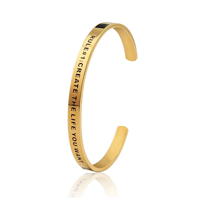  Inspirational Jewelry Stainless Steel Custom Gold Plated Engraved Letters Open Cuff Bangle