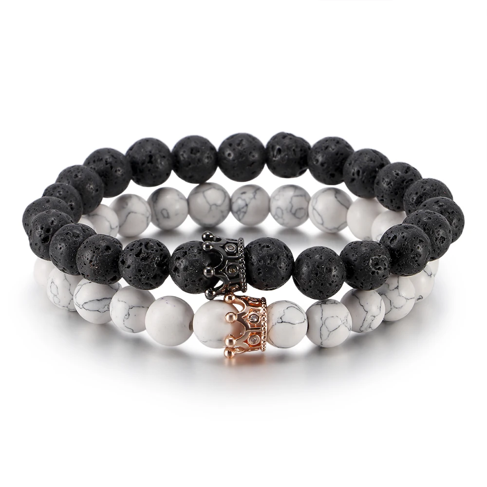 fashion jewelry wholesale  copper crown and natural stone simple couple bracelet leather