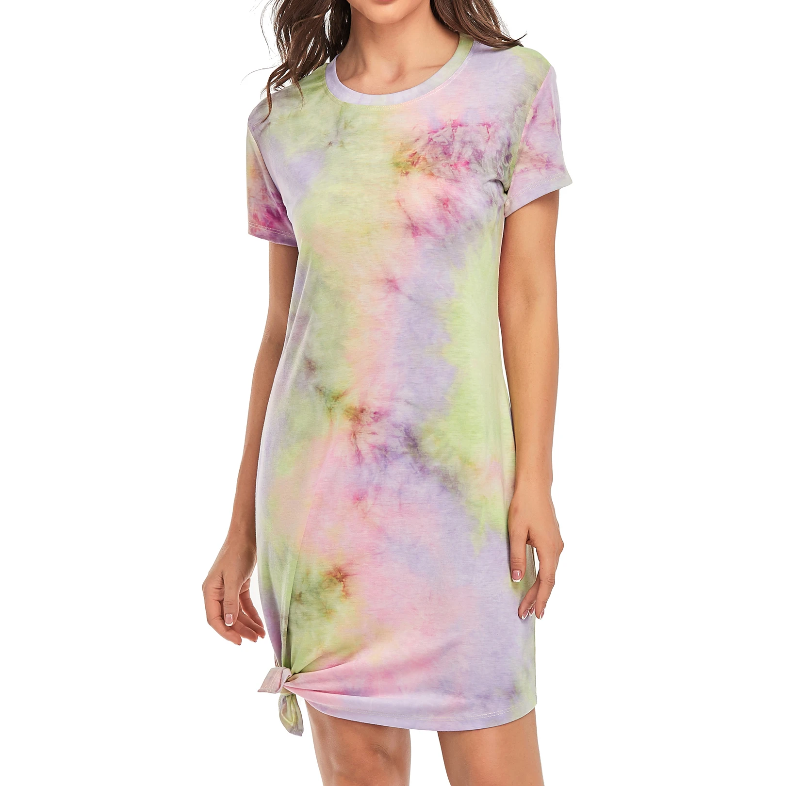 Factory Wholesale Asymmetric Hem Shorts Sleeve Tie Dye Midi Dress Casual Dresses Women Summer OEM Designs Print Knitted 7 Days