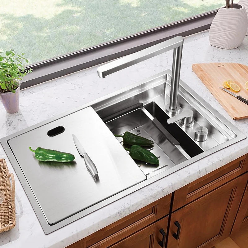 New Style High-quality Hidden Sink Kitchen Sink Cup Rinser Stainless Steel Handmade With Intelligent Flip Cover Lifting Faucet