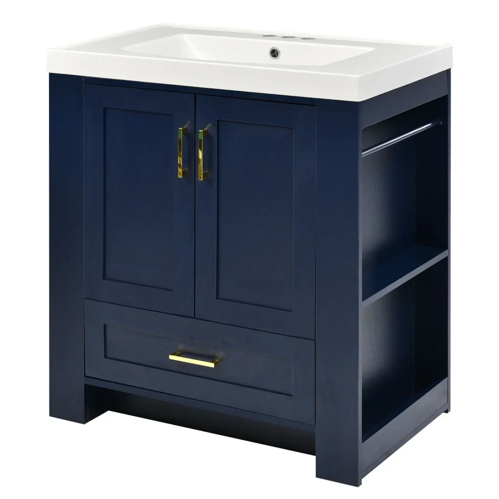 30' Bathroom Vanity with Sink, Modern Bathroom Cabinet with Towel Rack, Freestanding Bathroom Vanity with Drawer and Shelves