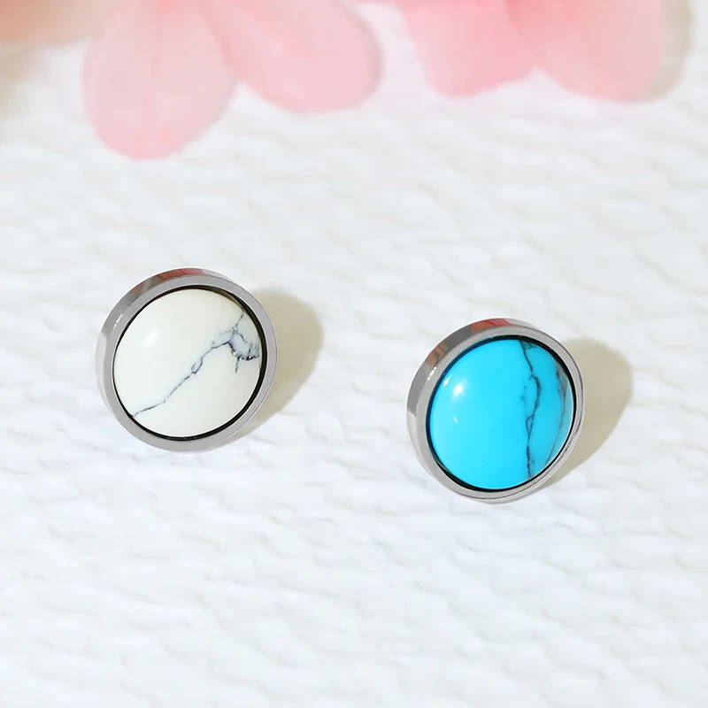 Stainless Steel Tiny Round Natural Shell Turquoise Gemstone Stud fashion Earring Jewelry for women