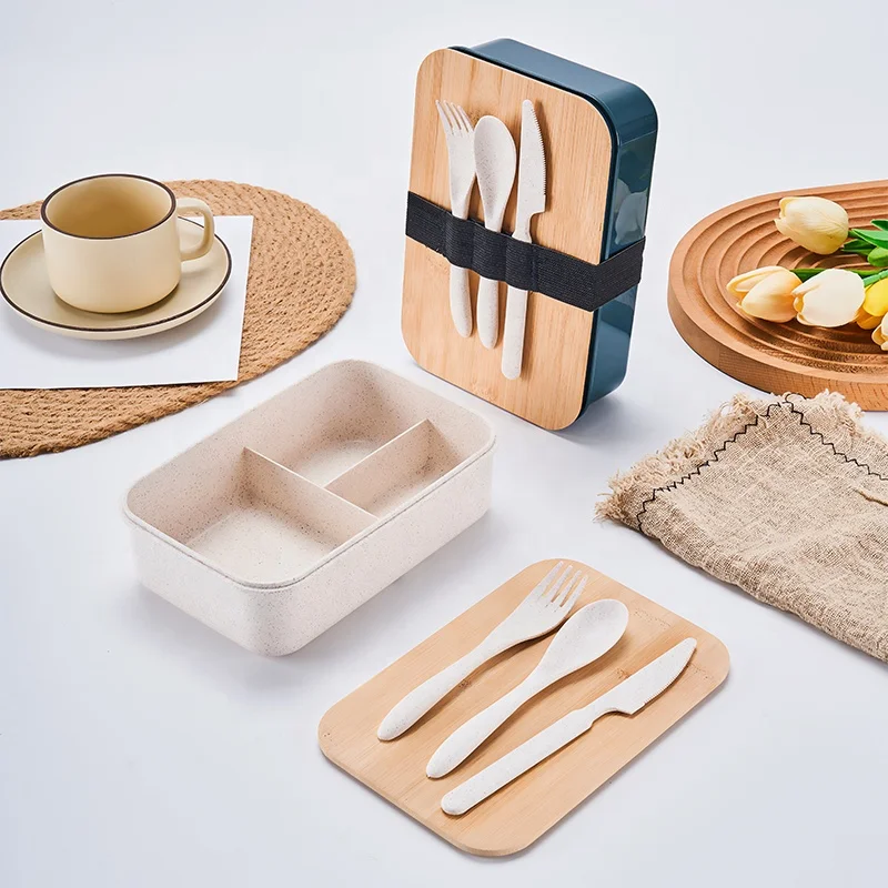 Custom logo food grade bamboo lid wheat straw leak proof bento lunch box plastic food container lunch-box for kid bpa free