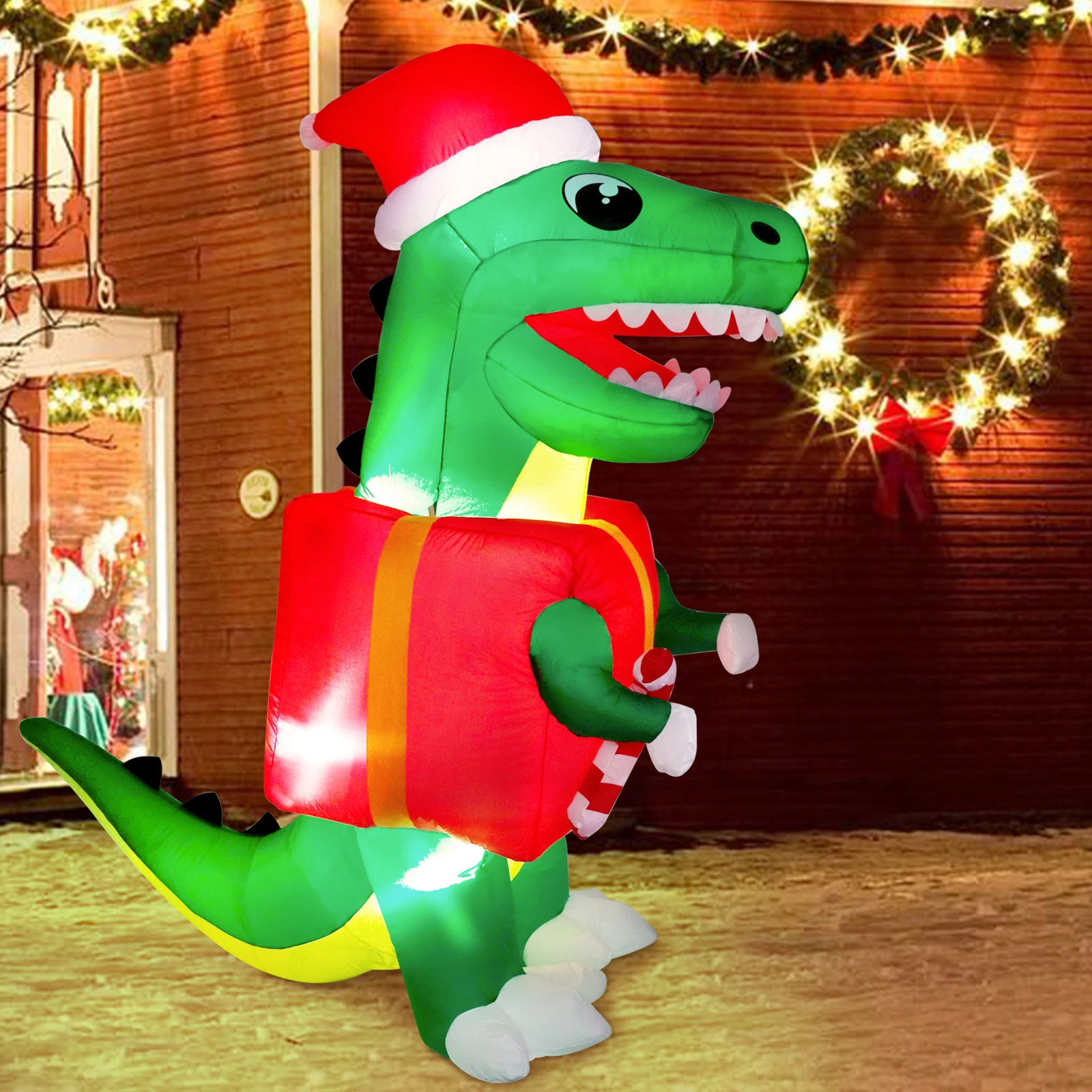 Ourwarm Fast Inflation Custom Ornament Outdoor Yard Decoration Led Dinosaur Christmas Inflatable
