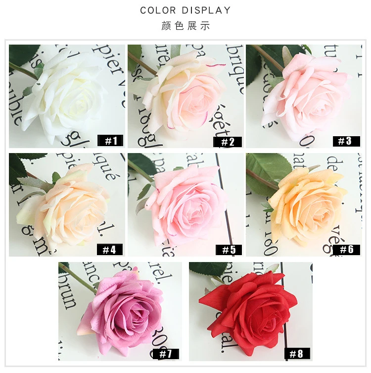 Real Touch Rubber Single Bush Artificial Plastic Flower Artificial Silk Rose Flower Head with Stem