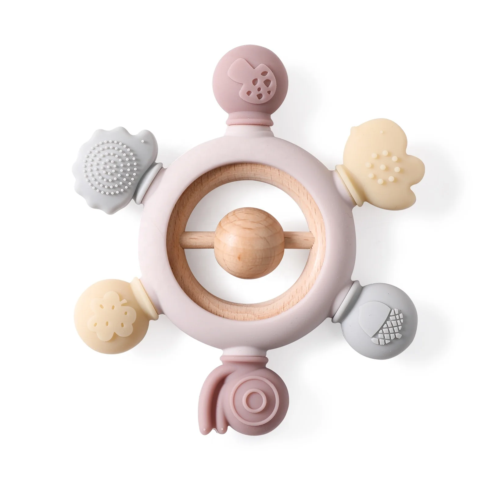 BPA Free Silicone Mushroom Snail Silicone Rudder Wooden Ring Pacifier Teether Soothe Babies Gums for Soothing Pain Relief