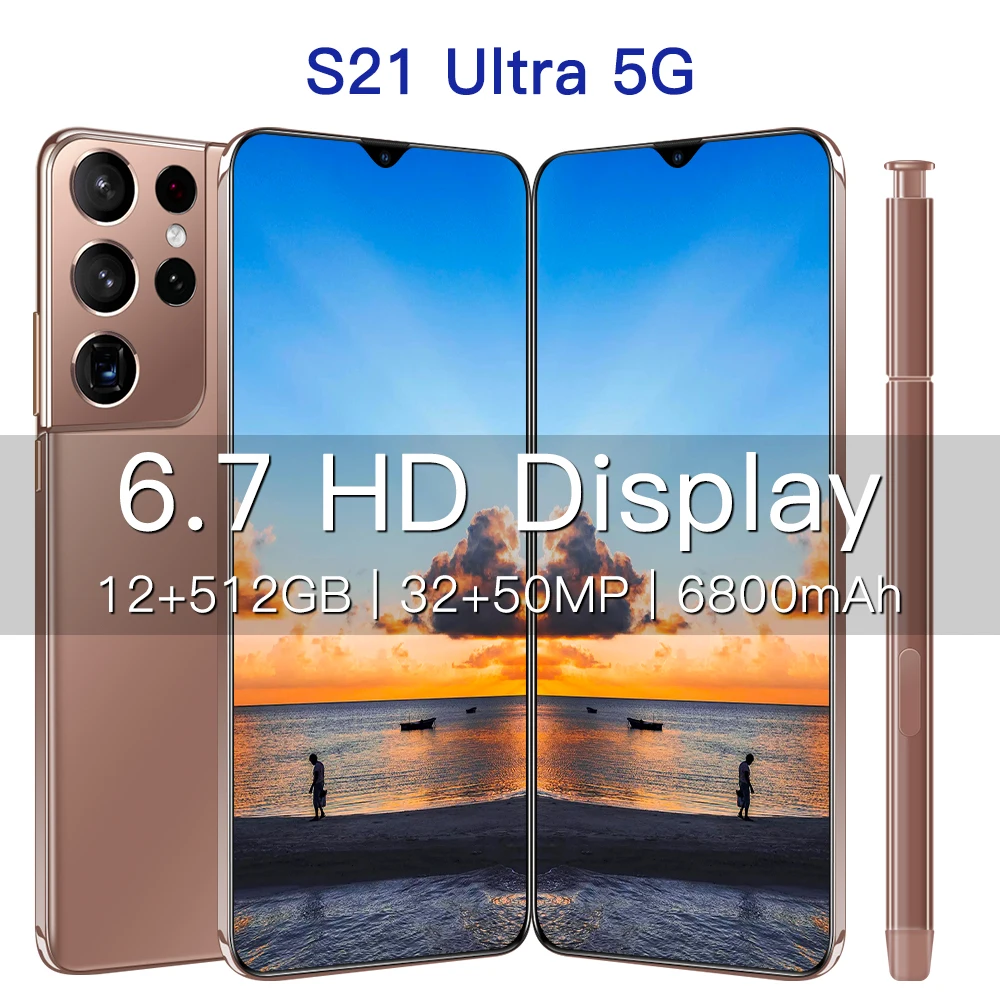 Дешевый мобильный телефон S21 Ultra 5G Android двойной смартфон разблокированный Оригинальный игровой сотовый с распознаванием лица/отпечатков пальцев