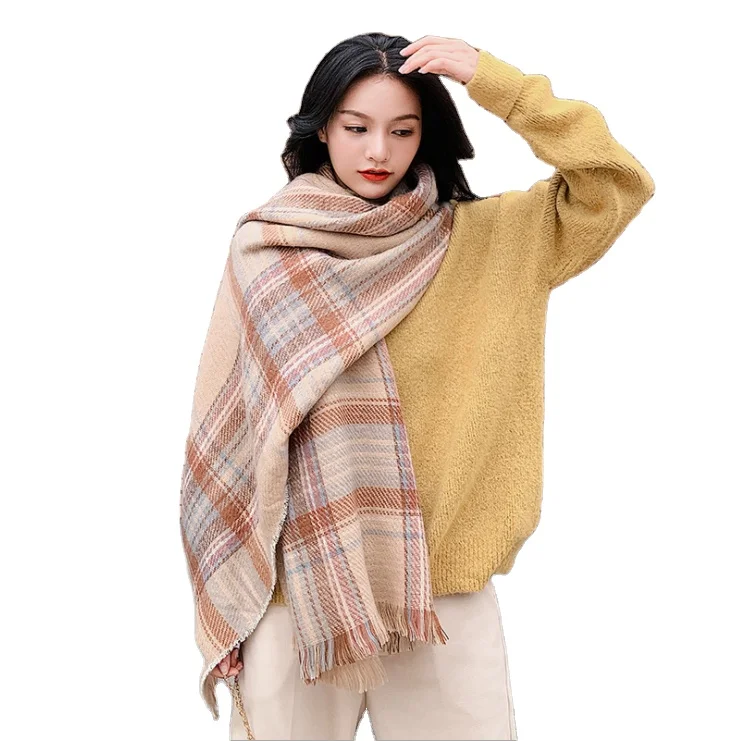 factory wholesale custom new winter fashion plaid shawl acrylic imitated cashmere warm double sided scarf women