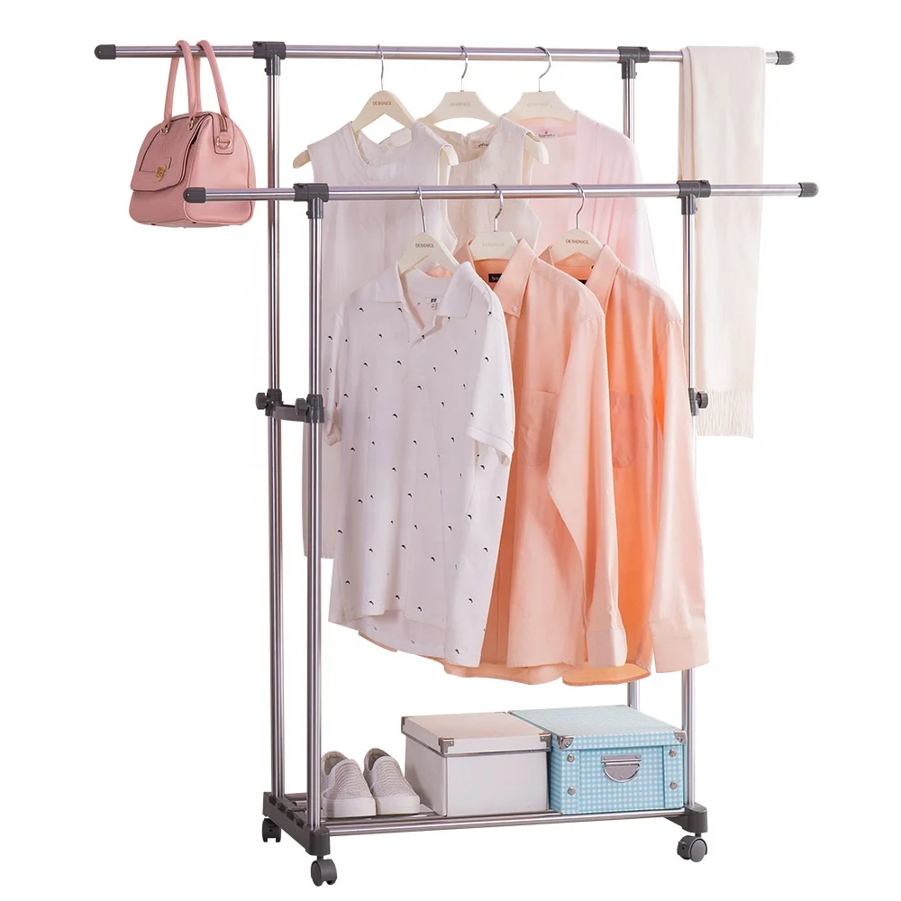 BAOYOUNI Simple Double Pole Stainless Steel Pipe Laundry Grey Clothes High Quality Hanging Stand Wholesale Rack For Sale