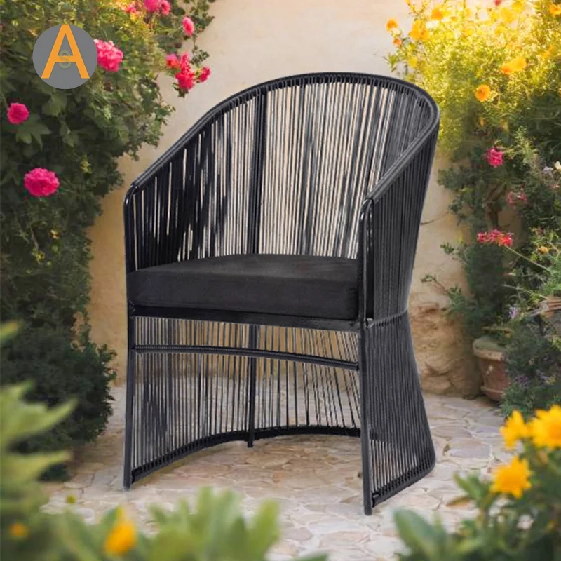 Modern aluminum frame armrest handle oval back Rattan strings rope outdoor dining chair for garden furniture