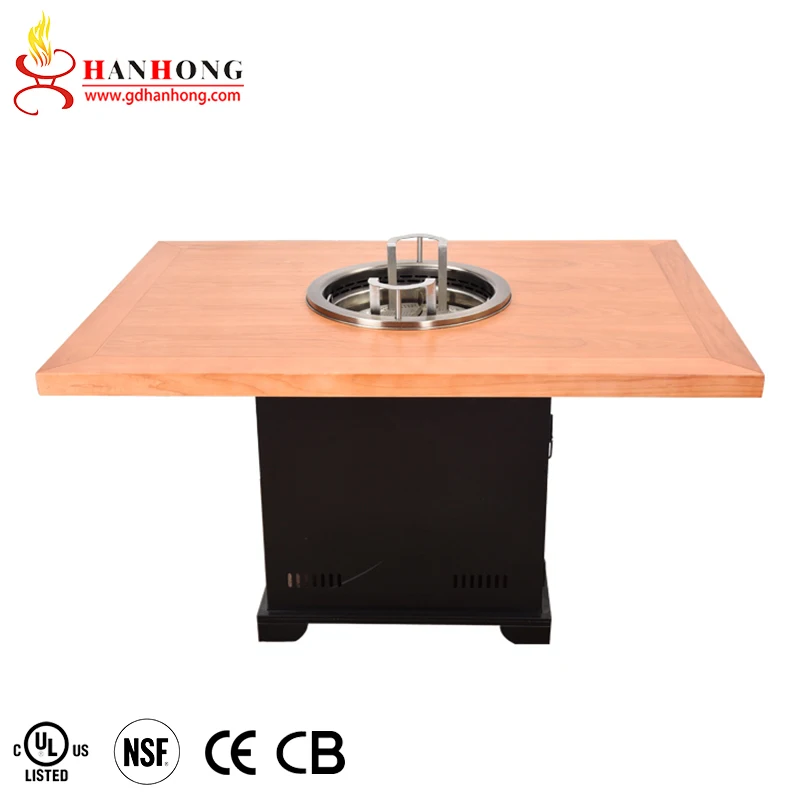 Restaurant Rectangle Metal Hot Pot Table with Wooden Top for Sale