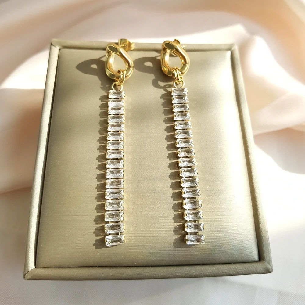 Iviapro New Arrival Luxury Clear Statement Party Cubic Zircon Long Stainless Steel Earrings Waterproof Jewelry