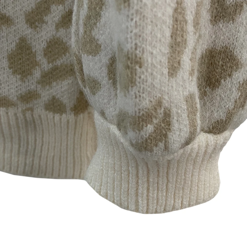 Custom OEM & ODM Logo Women Soft Leopard Sweater Crewneck Jacquard Knitwear Ladies Girls Loose Pullover Cotton Knit Sweaters