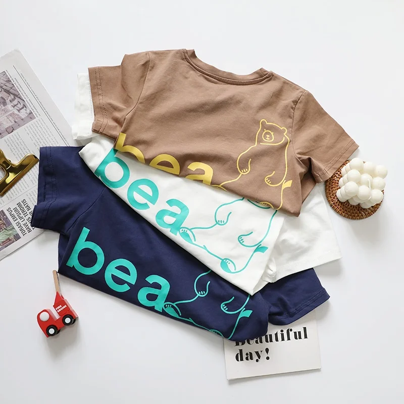 Bulk wholesale cheap kids wear bear short sleeve front and back printed baby casual shirts