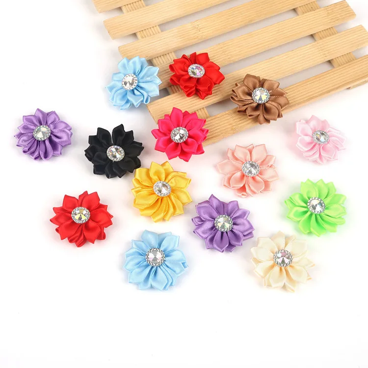 Satin Ribbon Flowers with Rhinestone for Hair Accessories