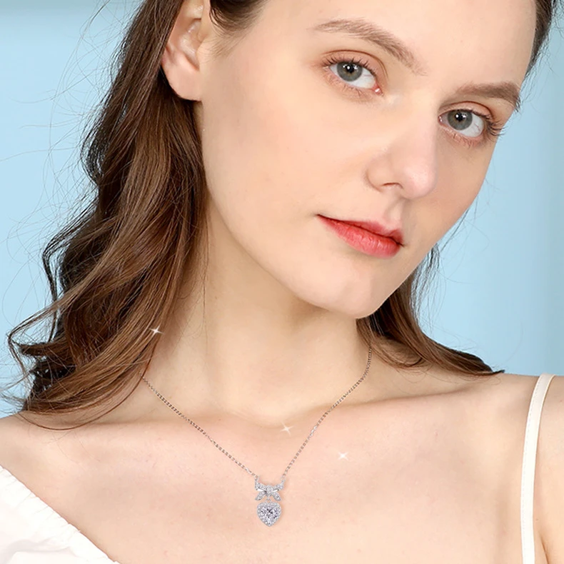 QIUHAN OEM New S925 Silver Pink Zircon Bow Tie Princess Knot Love Necklace