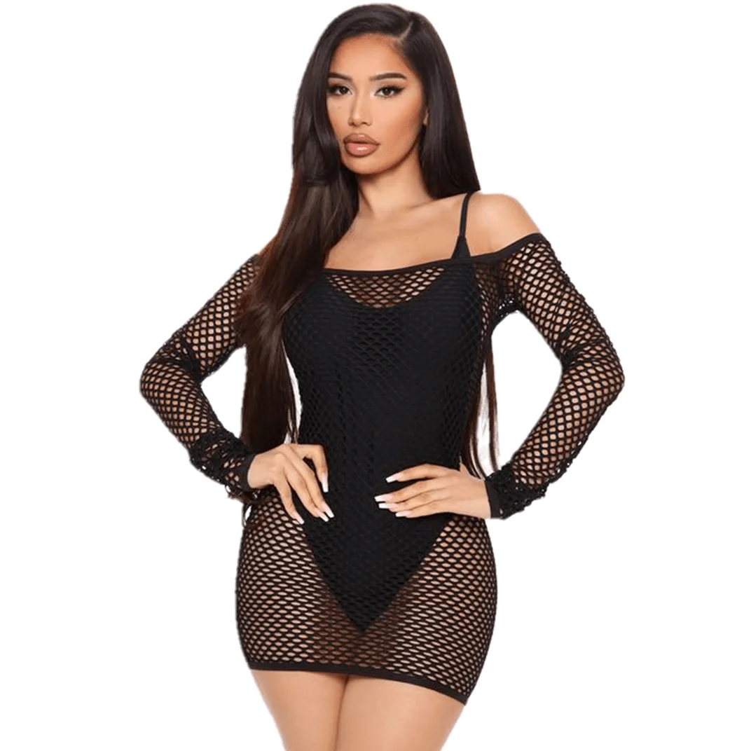 
Summer New Long Sleeve Party Transparent Mesh Mini Skirt Sun Protection Skirt Two Piece Set 