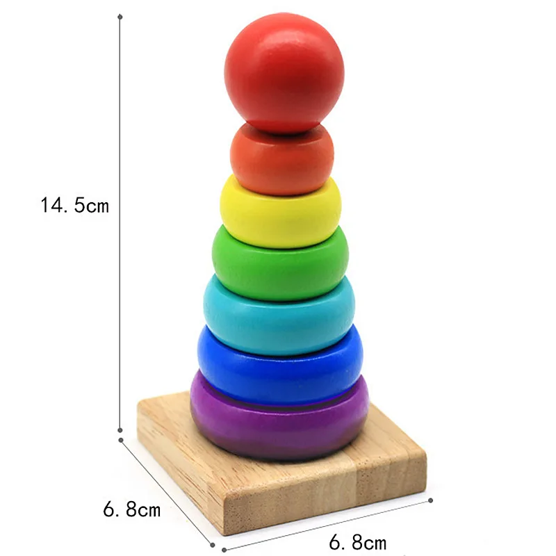 Color Cognition Montessori Rainbow Tower Wooden Stacking Rings Building Block Brain Developmental Toy