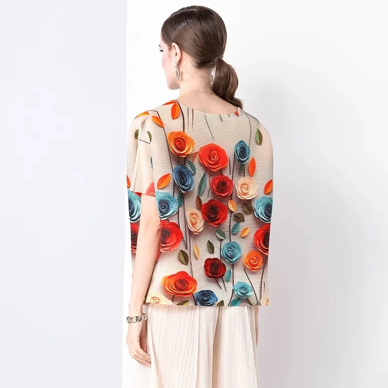 Miyake Pleated Flower Summer Korea Shirt Women Cool Plus Loose Size Chiffon Top Female Florar 3D Printed Tshirt Clothing
