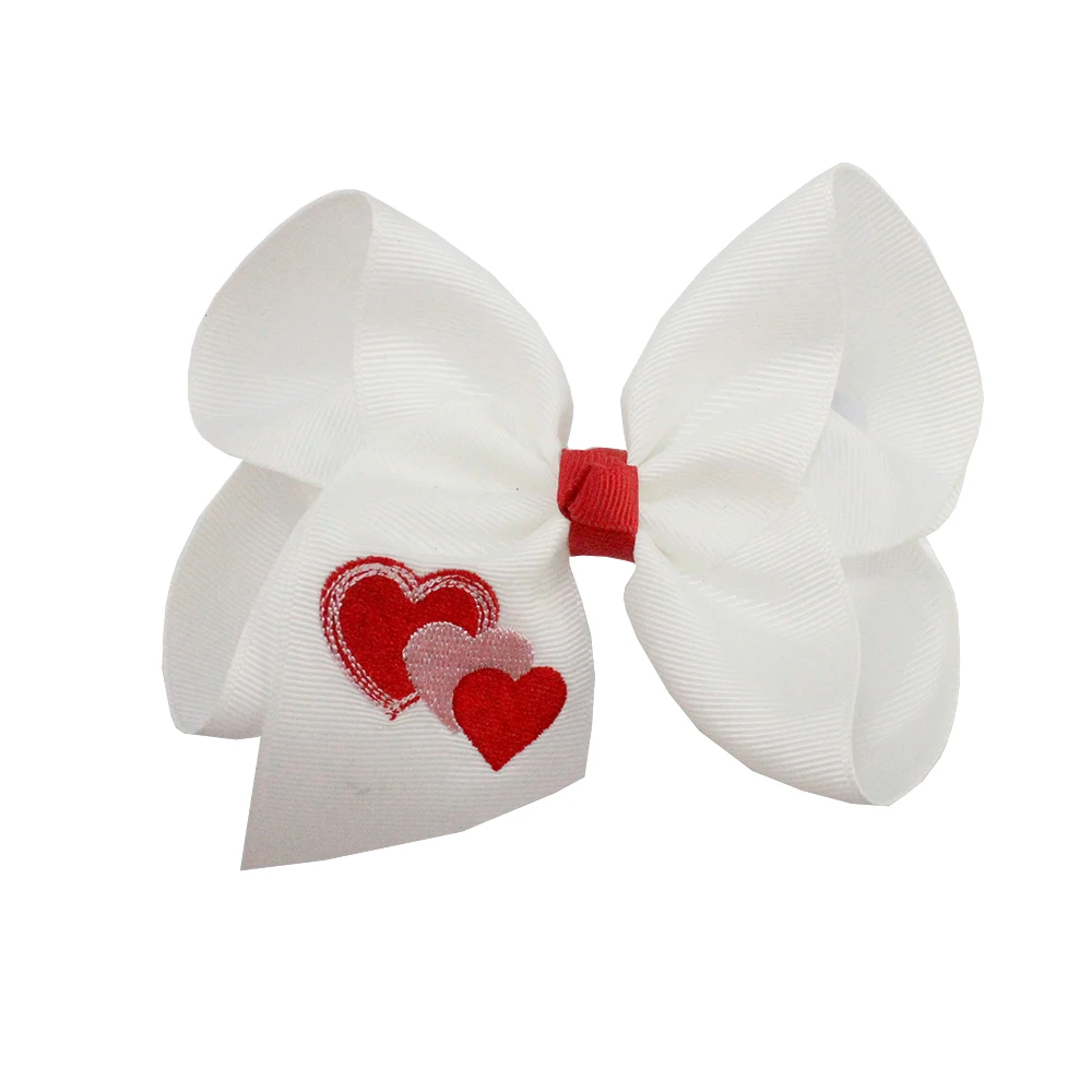 Love Red Valentines day Hair Bow Embroidered Heart Shape Grosgrain Ribbon Hair Accessories