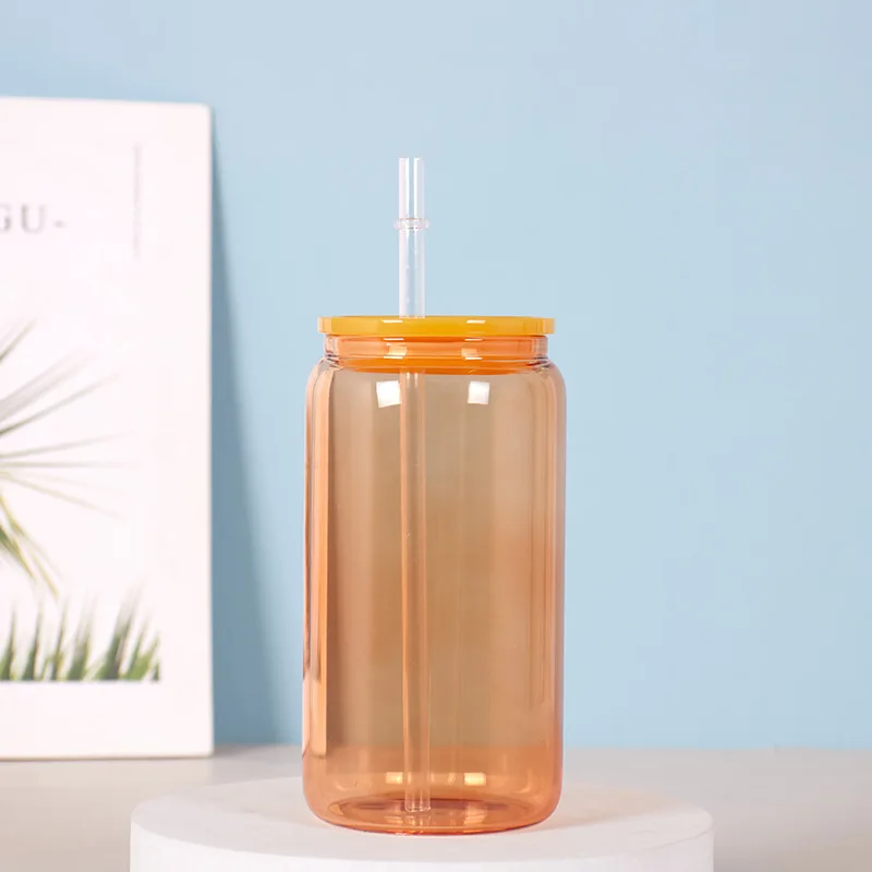 Wholesale Glass cup sublimation solid color glass 16oz Mason Jar Drinking Glass Cup with Straw and plastic cover