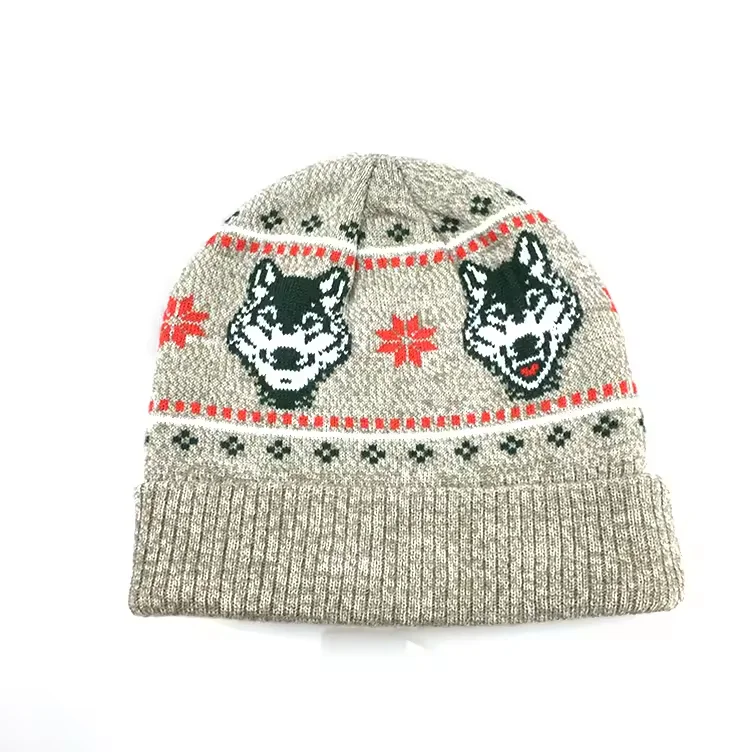 Wholesale Embroidery Cuff Beanie Knitted Beanie Winter Hat  Jacquard Beanie Wolves Pattern Fashion Design
