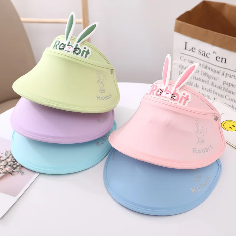 Wholesale 2-6years Solid Plain Cute Child Rabbit Ear Promotional Sun Summer Plastic Ponytail Beach Hat For Kids Girls Visor Cap