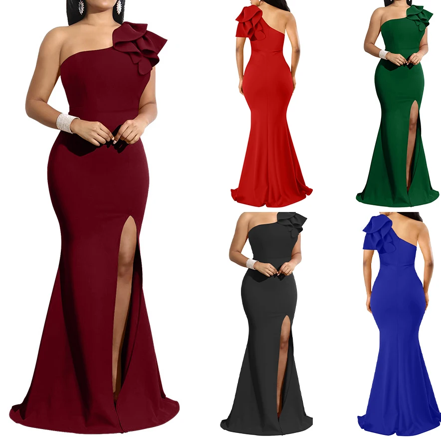 Latest design slit elegant dress one shoulder cut out bodycon ruffles gowns for women evening dresses