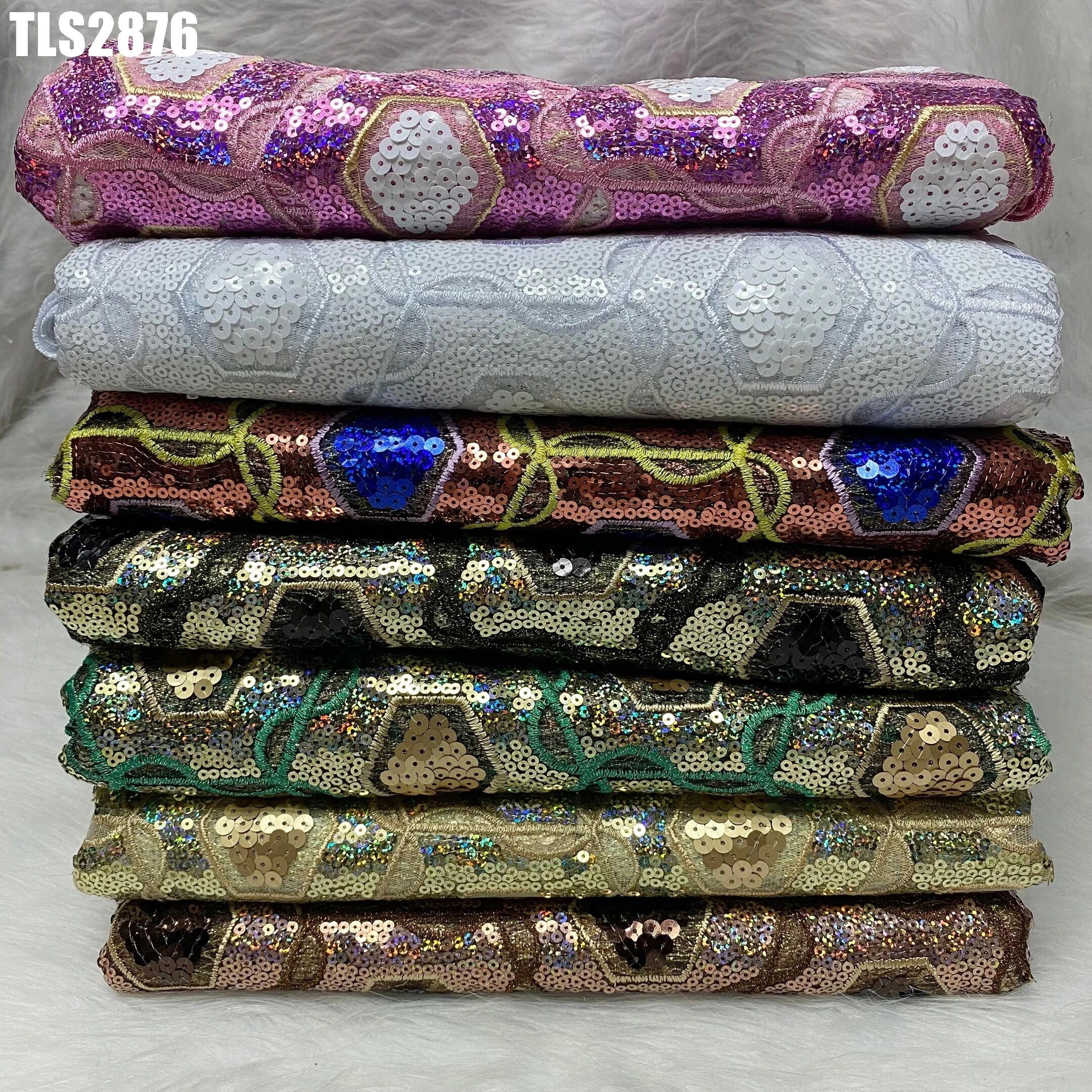 100% Polyester Unique African Sequin Lace Fabric Popular Dubai Gold Sequin Embroidery Fabric For African Wedding Dresses