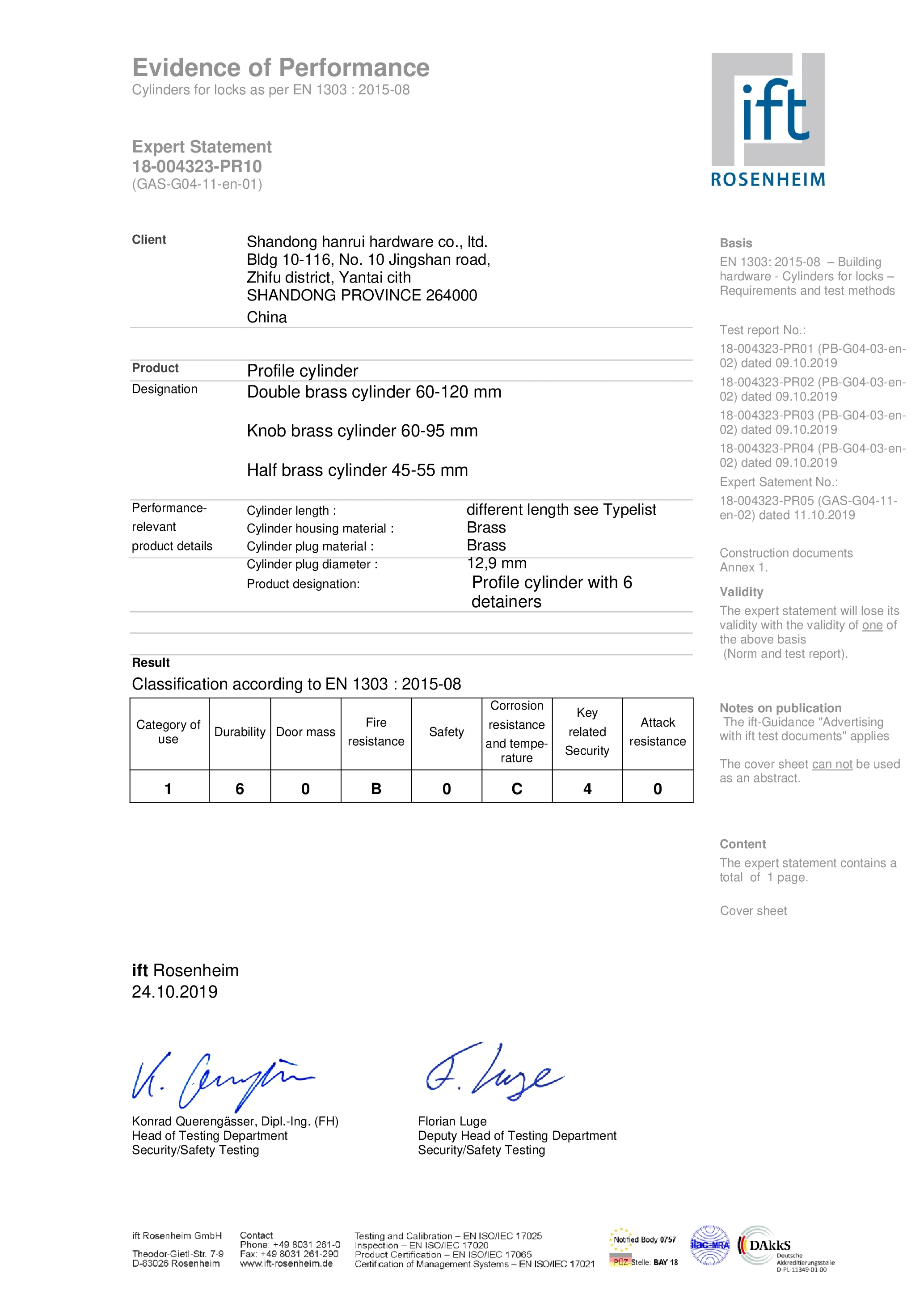 Euro profile brass cylinder / EN1303 european lock cylinder / master cylinder key