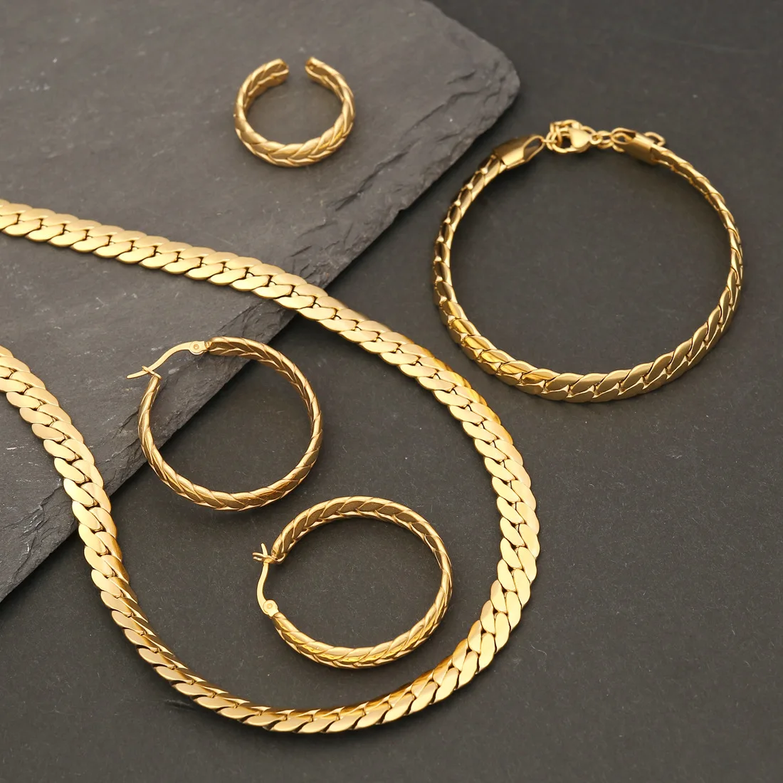 Stainless Steel 18k Gold Plated Designer Jewelry Big Punk Chunky Zircon Cuban chain Earrings Bracelet  Necklace Jewelry Set