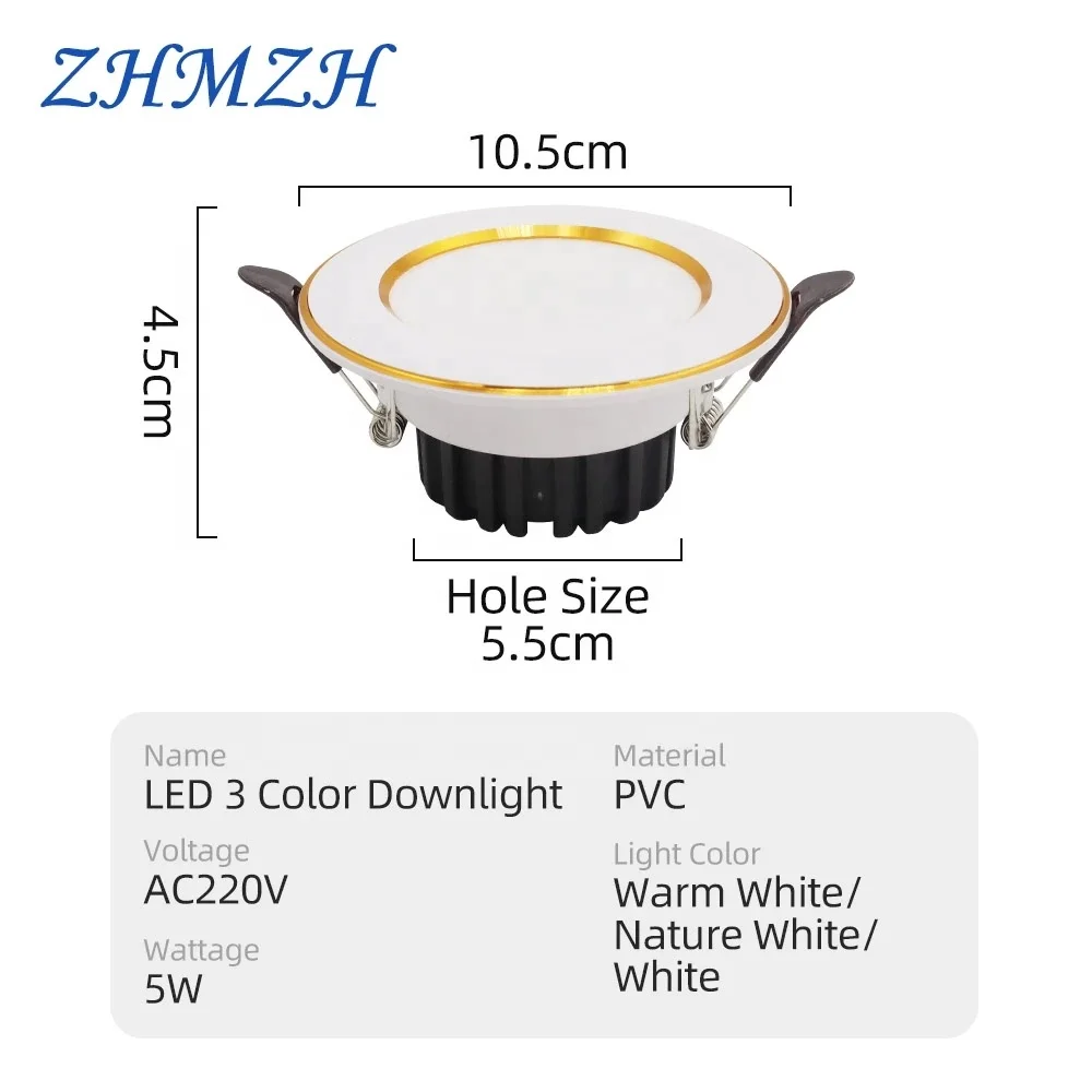 220V Three Colors Changeable LED Downlight Recessed 5W LED Spotlight LED Ceiling Lights Indoor Lighting Warm White Nature White