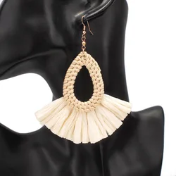 New Korea Bamboo Wooden Straw Weave Rattan Knit Vine Geometric Circle Triangle Long Drop Earrings For Women Girl Beach Jewelry