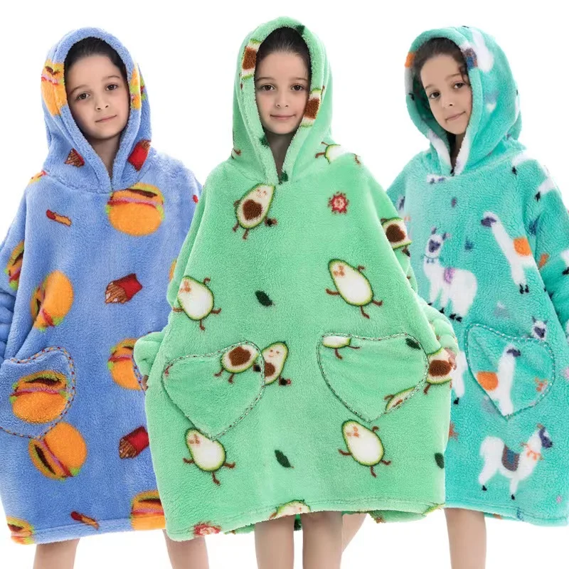 Blanket hoodie wearable blanket sweatshirt oversize thermal jumper lazy hoodie for children warm nice print hoodie blanket