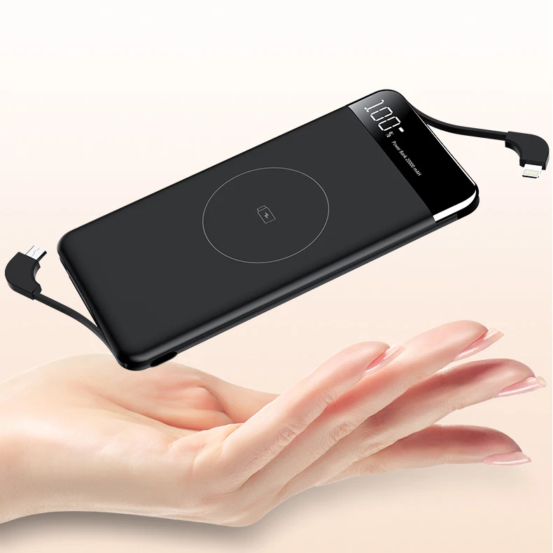 OEM/ODM Внешний аккумулятор со встроенным кабелем, беспроводное зарядное устройство K6, светодиодный дисплей, 10000 мАч, беспроводные внешние аккумуляторы