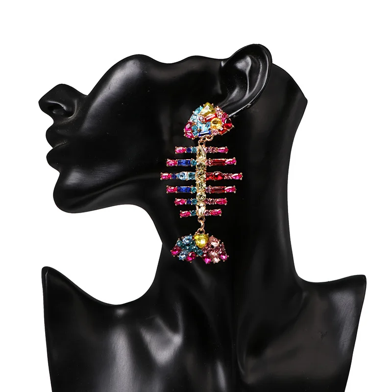 Fashion Luxury Artificial Colorful Gemstone Fish Earrings Jewelry Exaggerated Rainbow Rhinestone Fish Bone Earring For Women