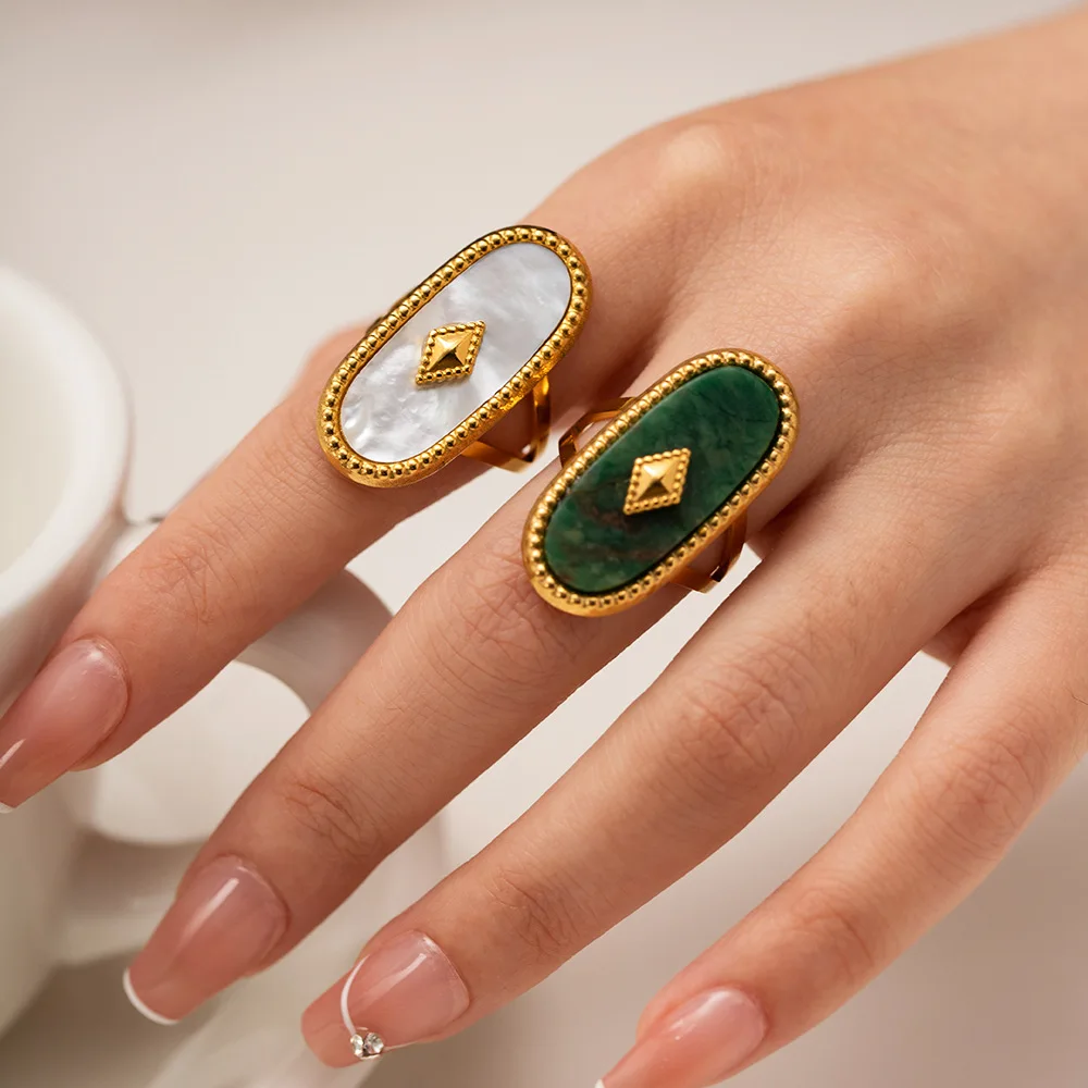 French Retro Palace Style Adjustable Open Ended With Jade Ring Stainless Steel Wholesale
