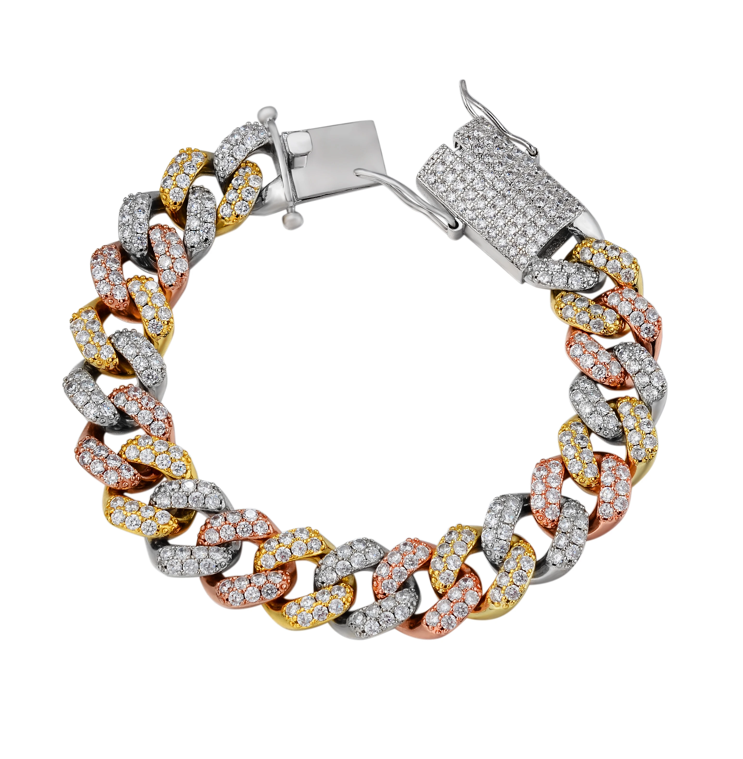 15mm Mens White Gold Diamond 18k Glod Plated Cuban Link Chain Bracelet For Men