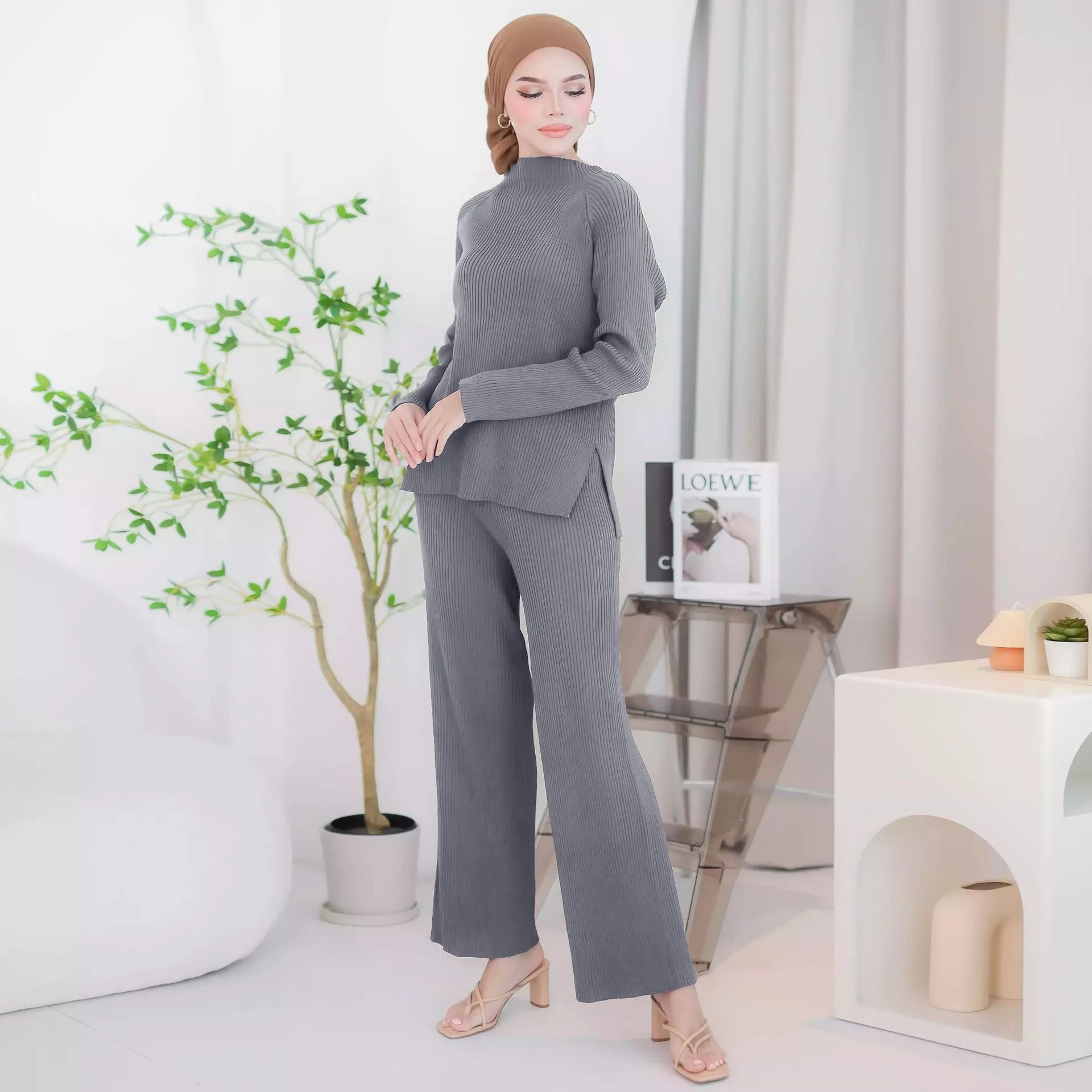 Autumn Winter Women Casual Islamic Clothing Knit Suit Middle Eastern Malaysia Indonesia Jilb Abaya Muslim Dress 2 Pieces