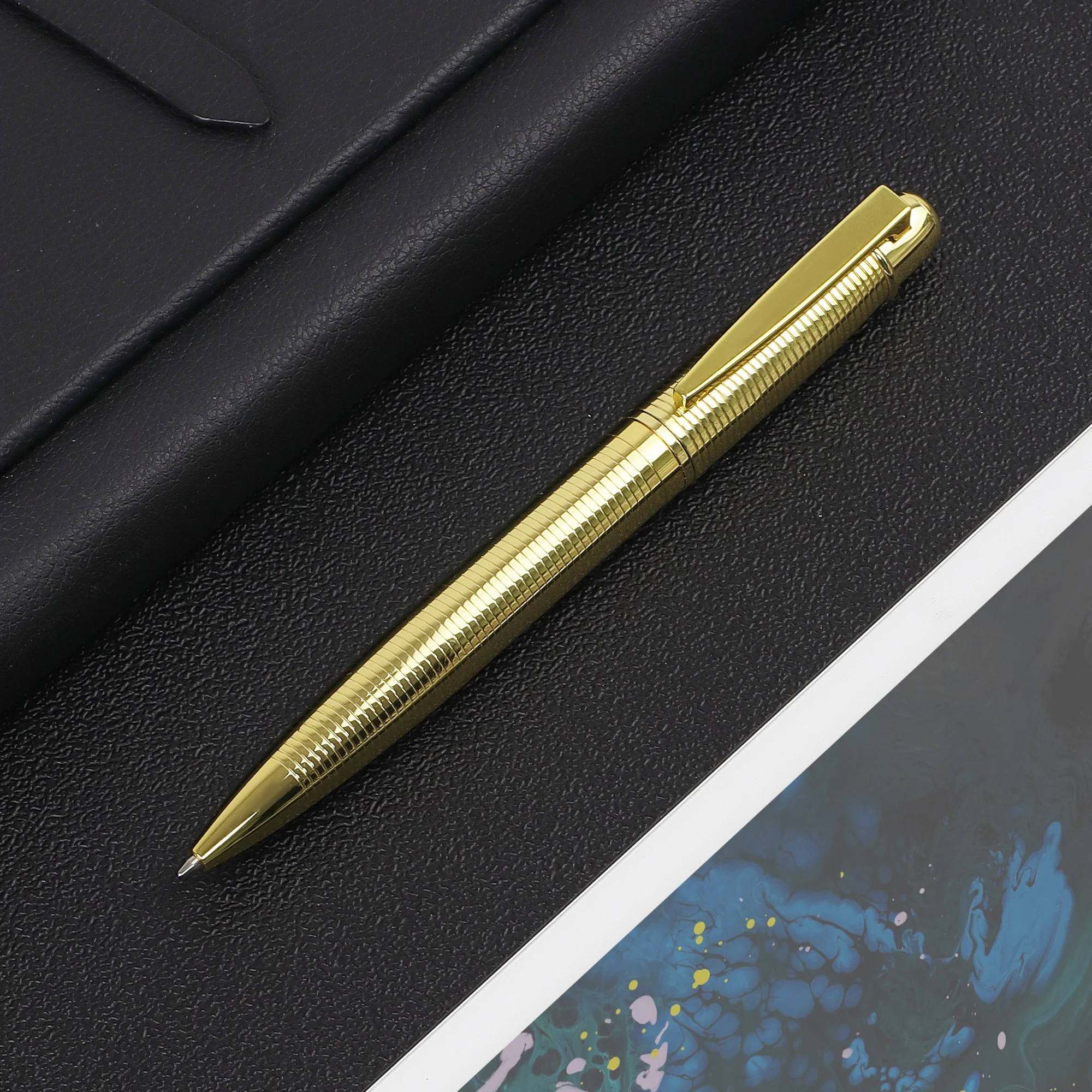 Luxury stainless steel metal body gold trim engraved logo twist ballpoint pen with gift box pen set stationery gift