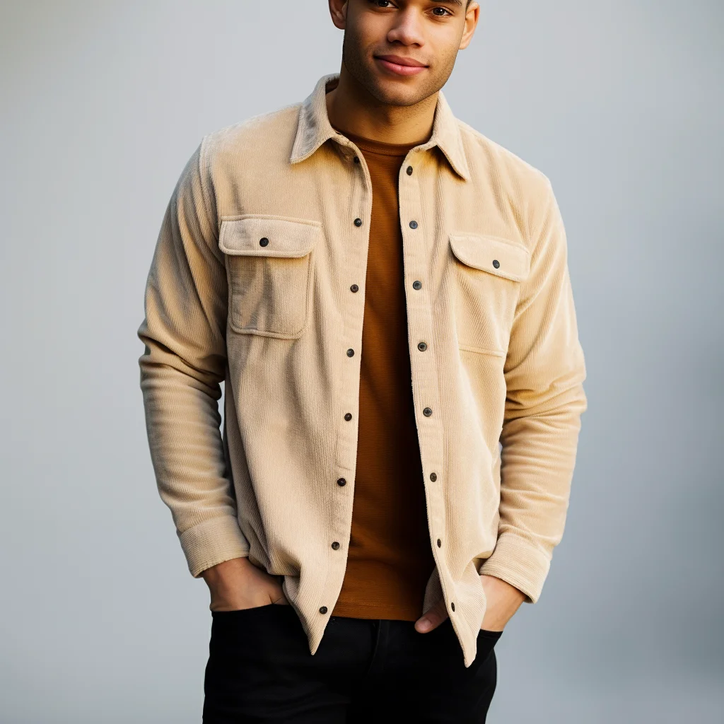 Custom new turn down collar blouses fashion mens corduroy long sleeve solid color shirts with pocket shirts