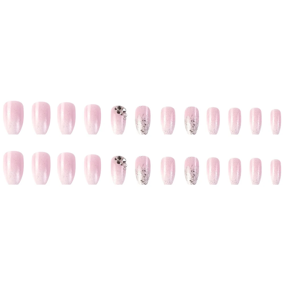 Private Label 24 PCS Acrylic Nails press on French Coffin Gradient Pink Diamond Press On Nails Wholesale Artificial Fingernails