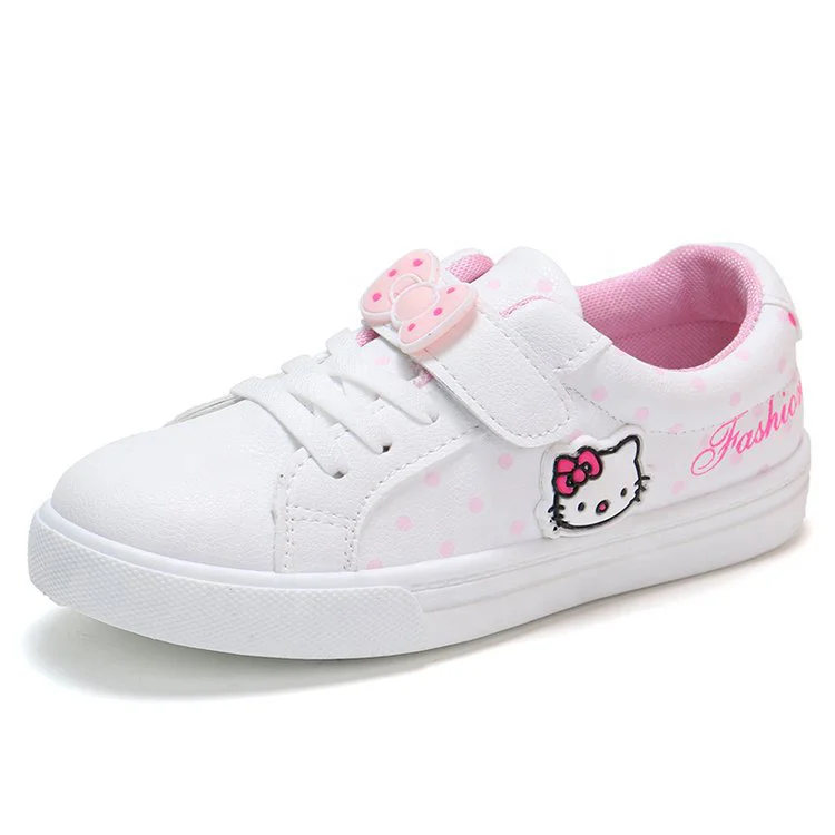 
white pink hello-kitty cat kids sweet cute school sport leather footwear student girl casual children sneaker shoes 