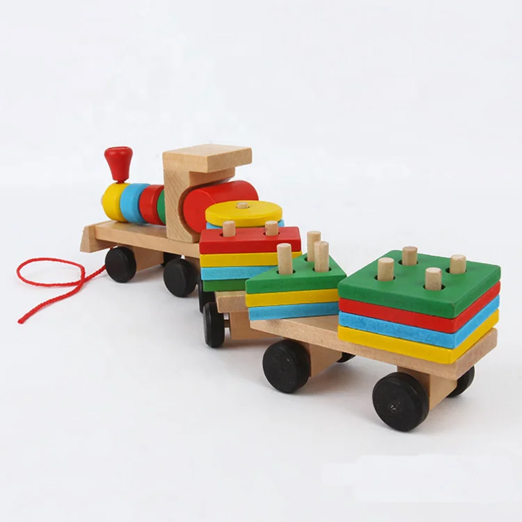 Wooden Block Train Toy Set Wheels For Kids Railway Track Vehicle Recognition