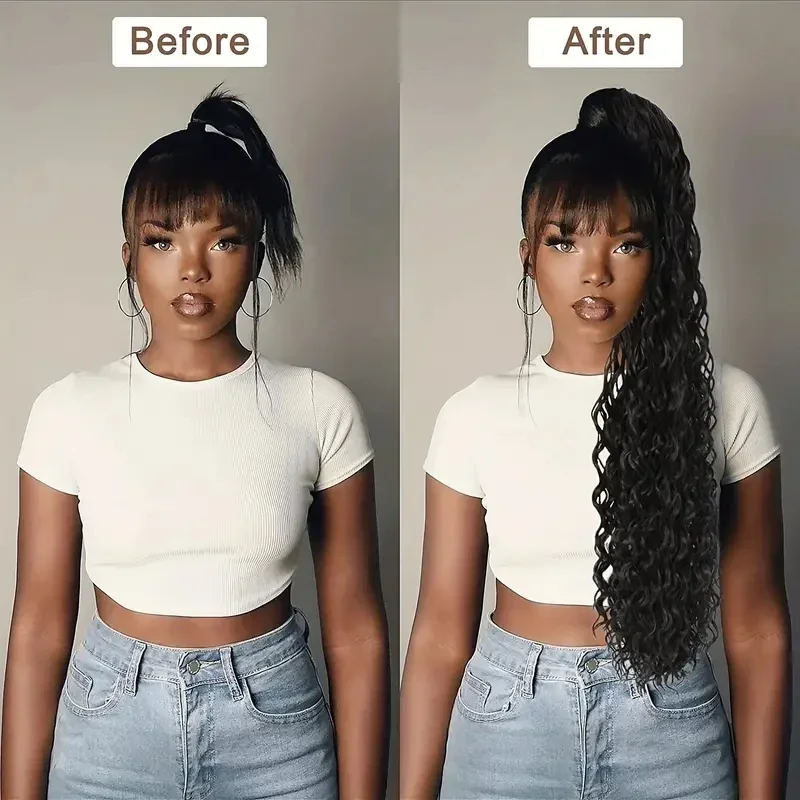 DKL 10-50 Inch Brazilian Straight Ponytail Clip-In Hair Extension Natural Color Yaki Body Wave Styles Magic Paste Wrap Stick-On